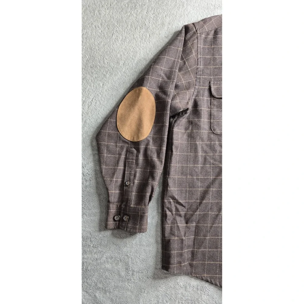Brooks Brothers Worsted Wool Shirt Mens Large Brown Check L/S Elbow Patches